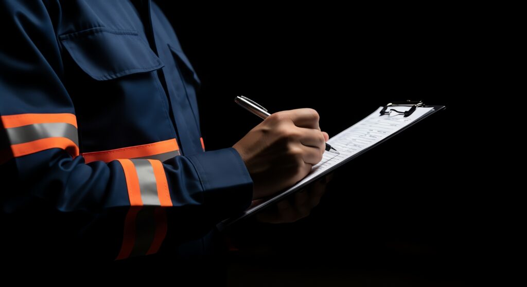 a worker writing on a clipboard with a pen