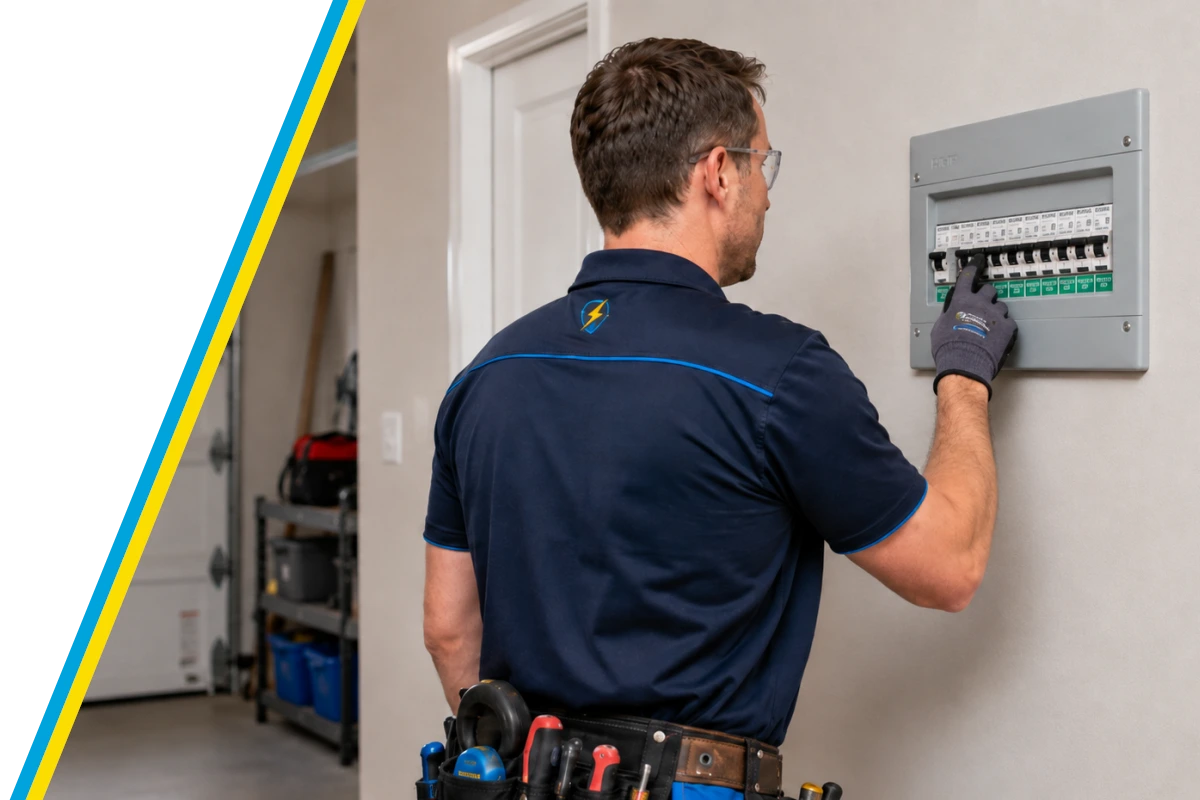 Trade Wide Solutions electrician working on a switchboard